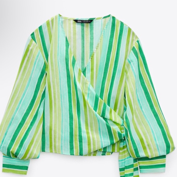 Zara Green striped multicolored wrap top - Picture 2 of 15